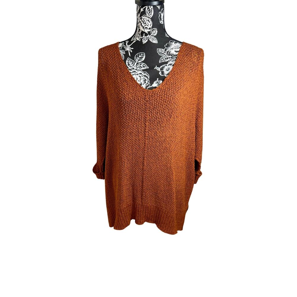 She + Sky Open Knit Oversized V Neck Sweater Rust One Size
